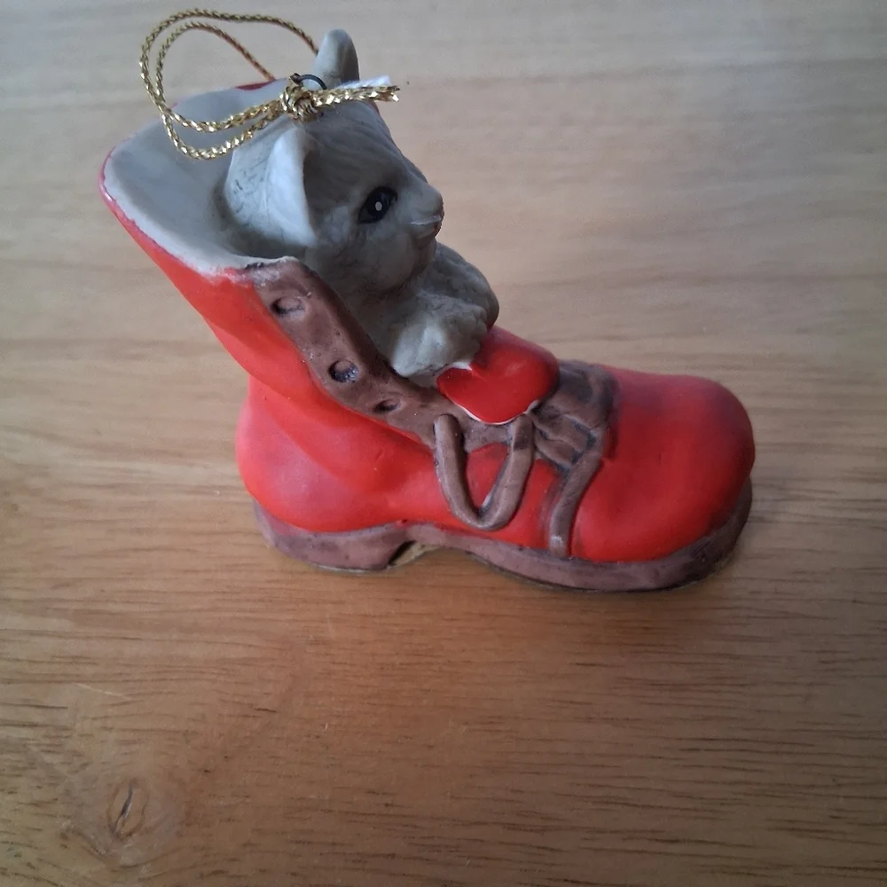 Gray Cat In Red Boot Christmas Ornament